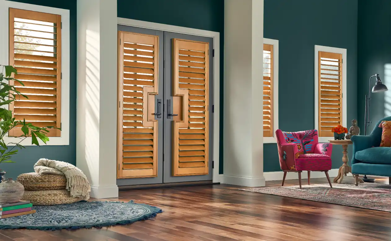 Room Scene with brown shutters and hardwood flooring